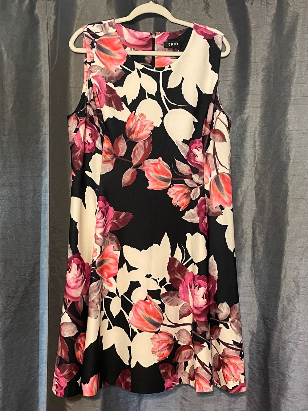 DKNY Black Floral Sleeveless A-Line Dress with Pink Accents